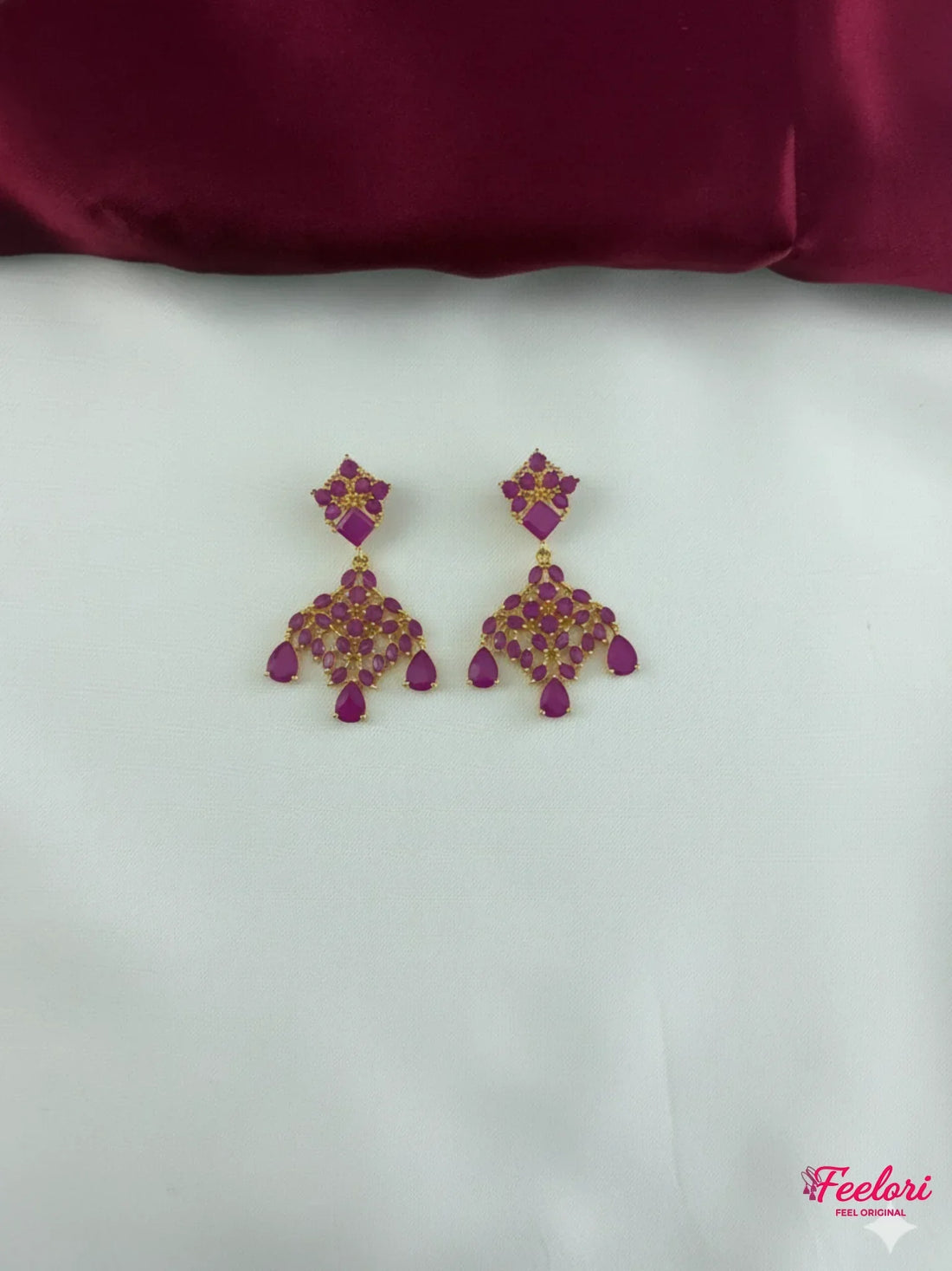 FeelOri Gold Plated Ruby Petal Cluster Earrings - Detailed view highlighting the individual square and teardrop Ruby-Tone CZ-hued stones and push-back closure.