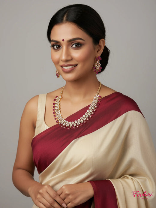 FeelOri Gold Plated Ruby Petal Cluster Necklace Set - Garland Design - Gold and Ruby Red - Lifestyle