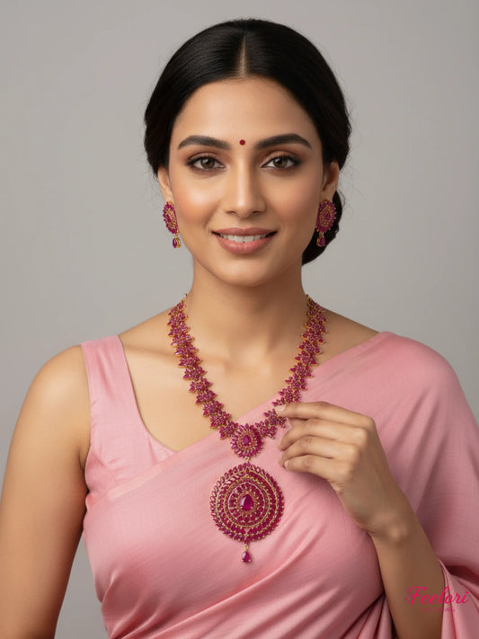 FeelOri Gold Plated Ruby Petal Necklace Set - Circular Pendant Design - Ruby Red & Gold - Lifestyle