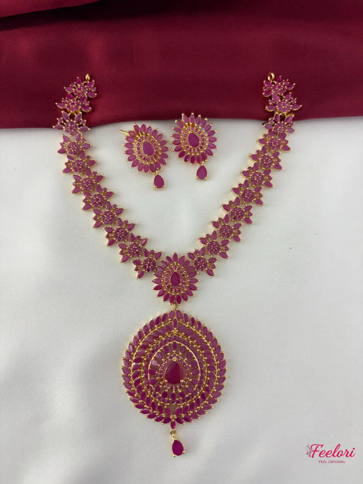 FeelOri Gold Plated Ruby-Tone Petal Necklace Set - Circular Pendant Design - FeelOri Indian fashion jewellery view 1