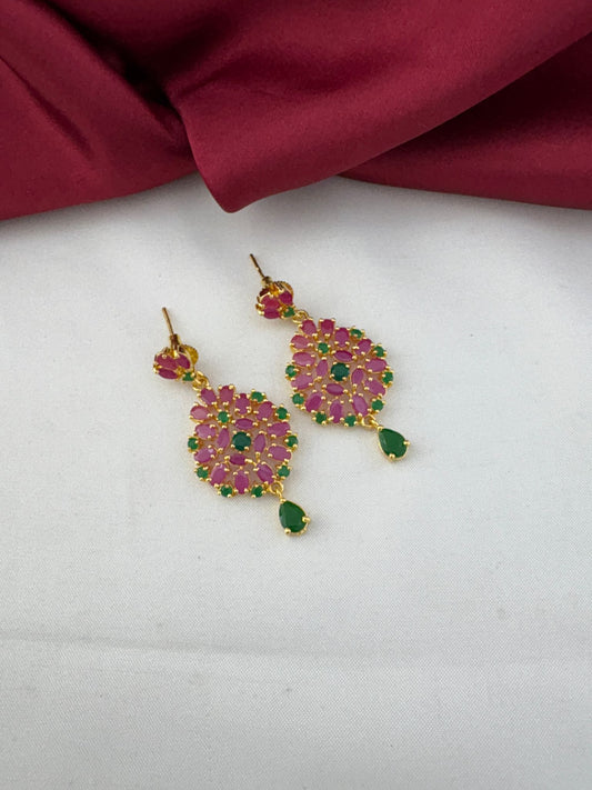 Close-up of Ruby & Emerald earrings for FeelOri Kerala Temple Duo Necklace Set.
