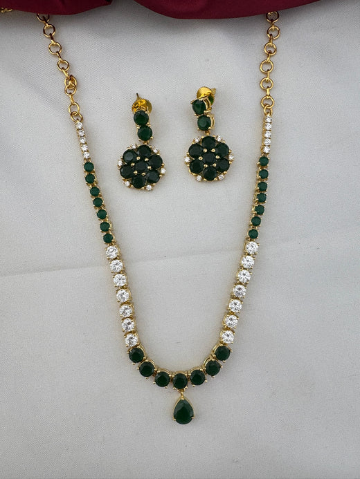FeelOri Mayur Emerald AD Short Necklace Set with matching earrings, front view