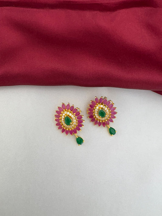 FeelOri Oceanic Dream Blue & Green AD Stone Short Set - Close-up view of the stud earrings with green stone drop, highlighting the pink and green AD stone arrangement.