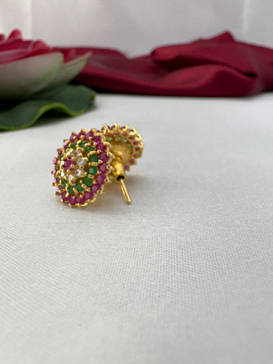 FeelOri Rainbow Radiance multi-color AD stud earrings angled view displaying gold post construction and back mechanism