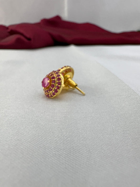 FeelOri Rose Bloom pink AD stud earrings angled view displaying gold post and comfortable earring back fitting