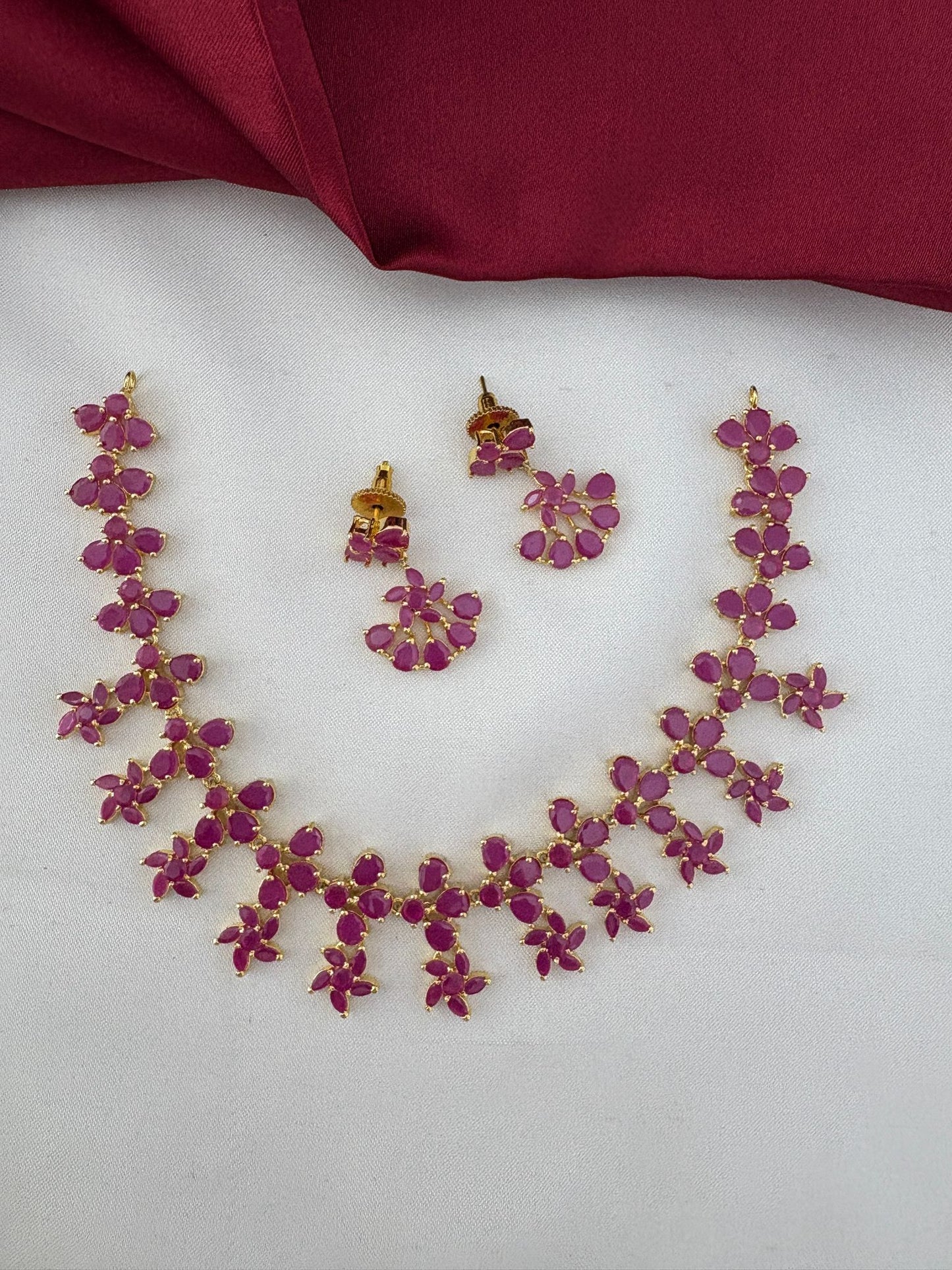 FeelOri Exclusive Original Ruby Short Necklace Set - Designer Wear - Alternate full view of necklace and earrings.