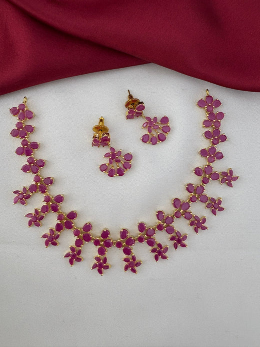 FeelOri Exclusive Ruby-Tone CZ Short Necklace Set - Designer Wear - Main view with necklace and earrings.