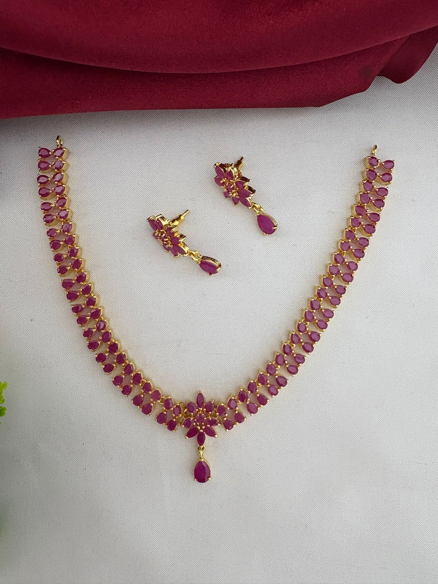 FeelOri Stunning Original Ruby Short Necklace Set - Full view of necklace and earrings on white background.
