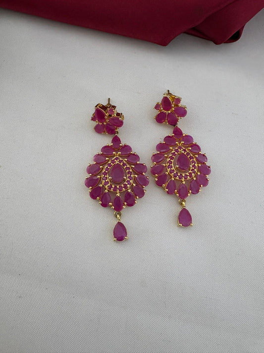 Detailed view of the matching ruby earrings from the FeelOri Minimalist Original Ruby Short Necklace Set, showcasing the intricate design and gemstones.