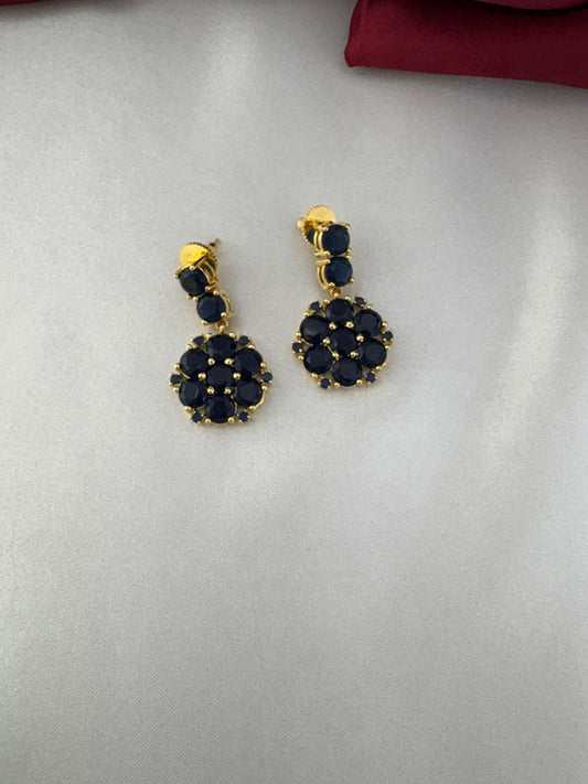 Detailed close-up of the earrings from the FeelOri Sapphire Hue Blue AD Halo Short Necklace Set, showing blue AD stones.