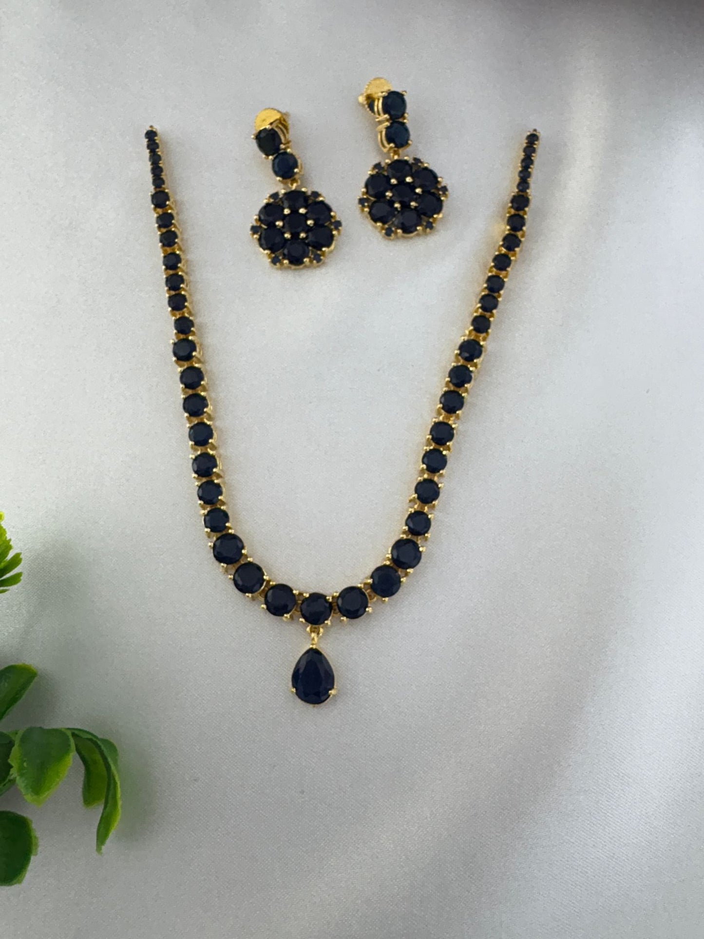 FeelOri Sapphire Hue Blue AD Halo Short Necklace Set - Main view of necklace and earrings.