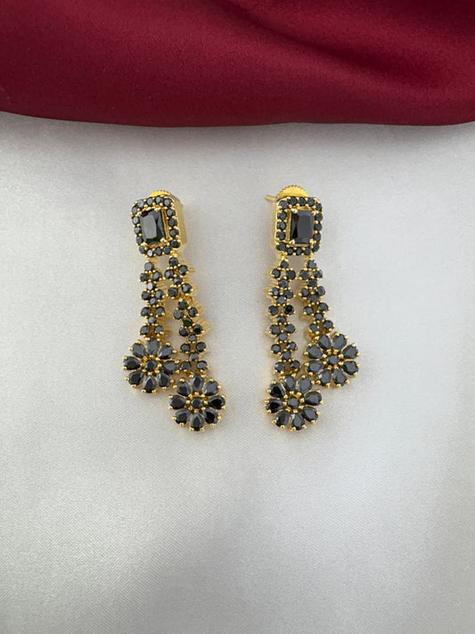 Detailed view of FeelOri Shadow Bloom Black AD Floral Earrings from the necklace set by feelori.