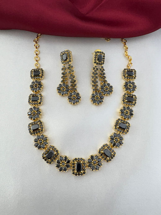 FeelOri Shadow Bloom Black AD Floral Short Necklace and Earrings Set by feelori - main view.