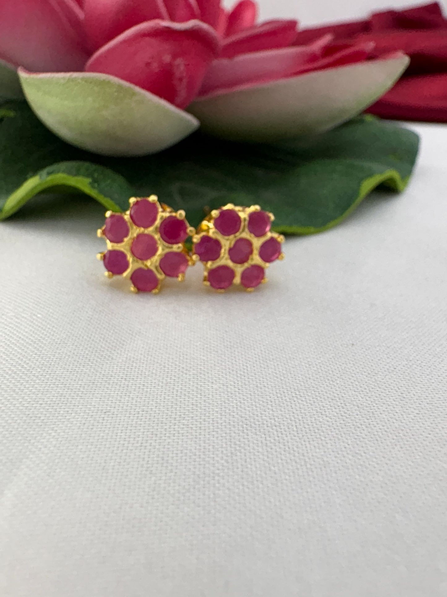 FeelOri soft peony pink AD stud earrings styled with lotus creating romantic feminine floral harmony