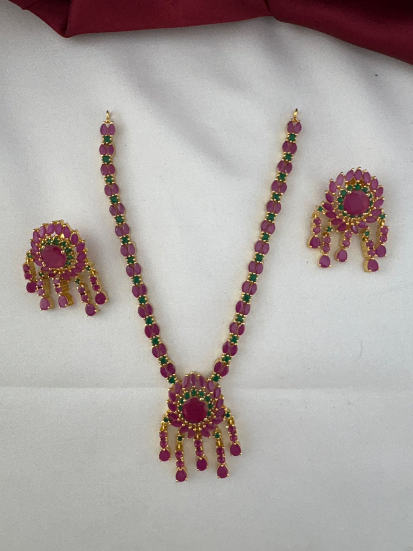 FeelOri Sparkling Petals Ruby & Emerald Short Necklace Set - Alternative layout showing necklace and earrings - Delicate Charm Collection