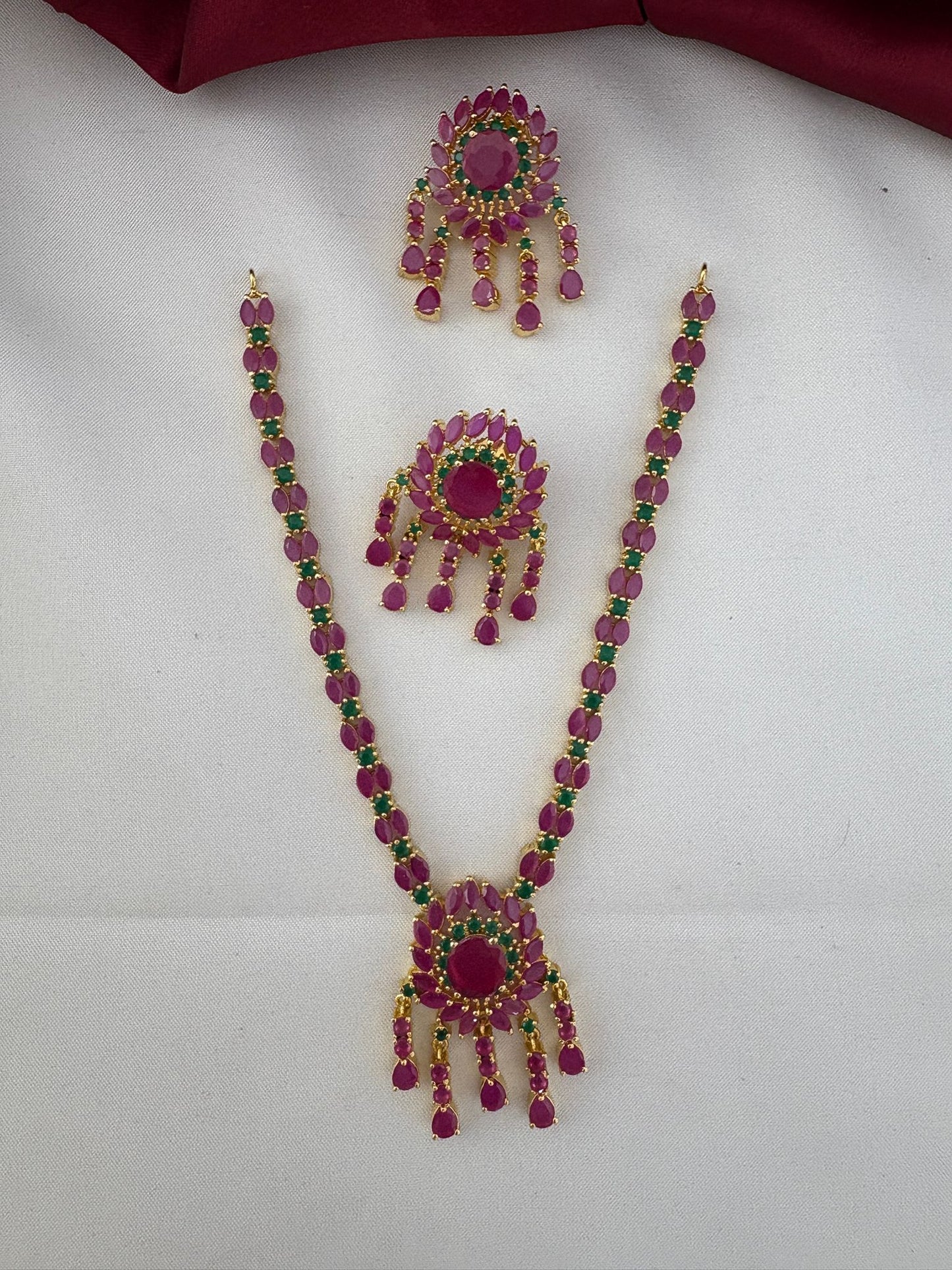 FeelOri Sparkling Petals Ruby & Emerald Short Necklace Set with matching earrings - Main product view - Delicate Charm Collection