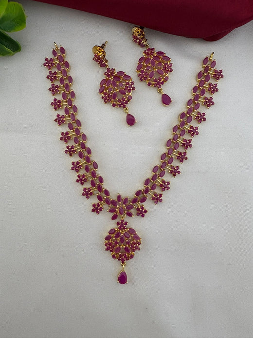 Main view of FeelOri Temple Design Ruby-Tone CZ Short Necklace Set with earrings - Authentic Craft by feelori.