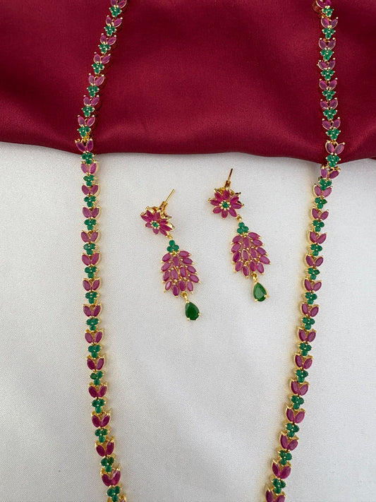 Feelorì Twin Souls Ruby & Emerald Alternating Long Necklace & Earring Set - Close-up of matching earrings and necklace detail.