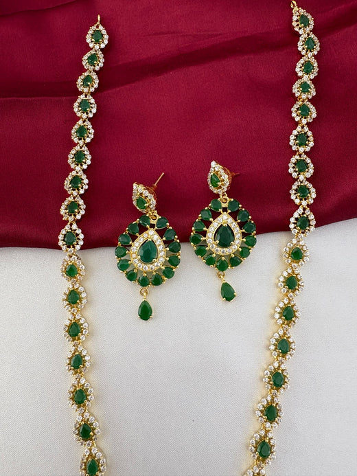 FeelOri Verdant Glade Emerald AD Marquise Long Necklace and Earring Set with matching earrings, jewellery display view