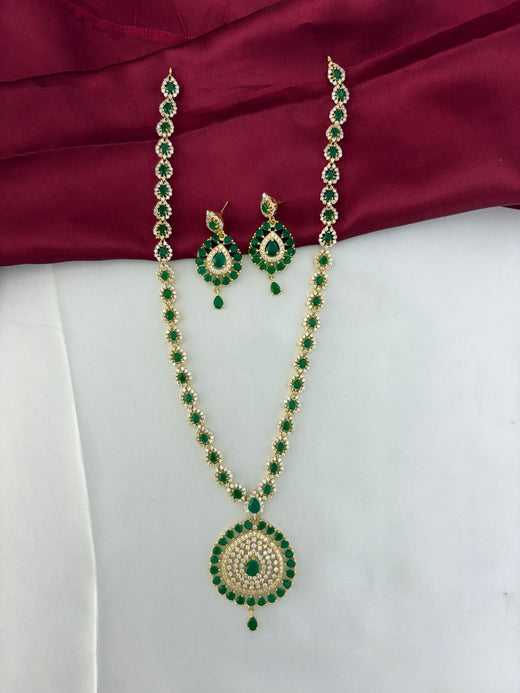 FeelOri Verdant Glade Emerald & AD Marquise Long Necklace and Earring Set - Complete set flatlay view.