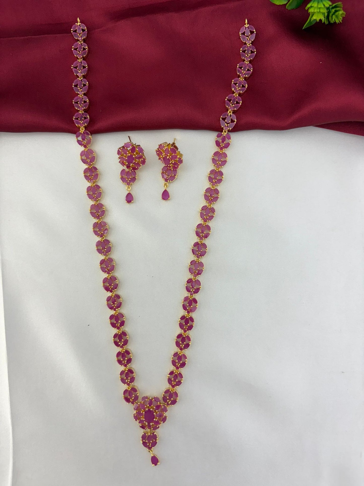 FeelOri Vintage Vine Ruby Long Necklace & Earring Set - Clearly showing the linked ruby design and earring pair.