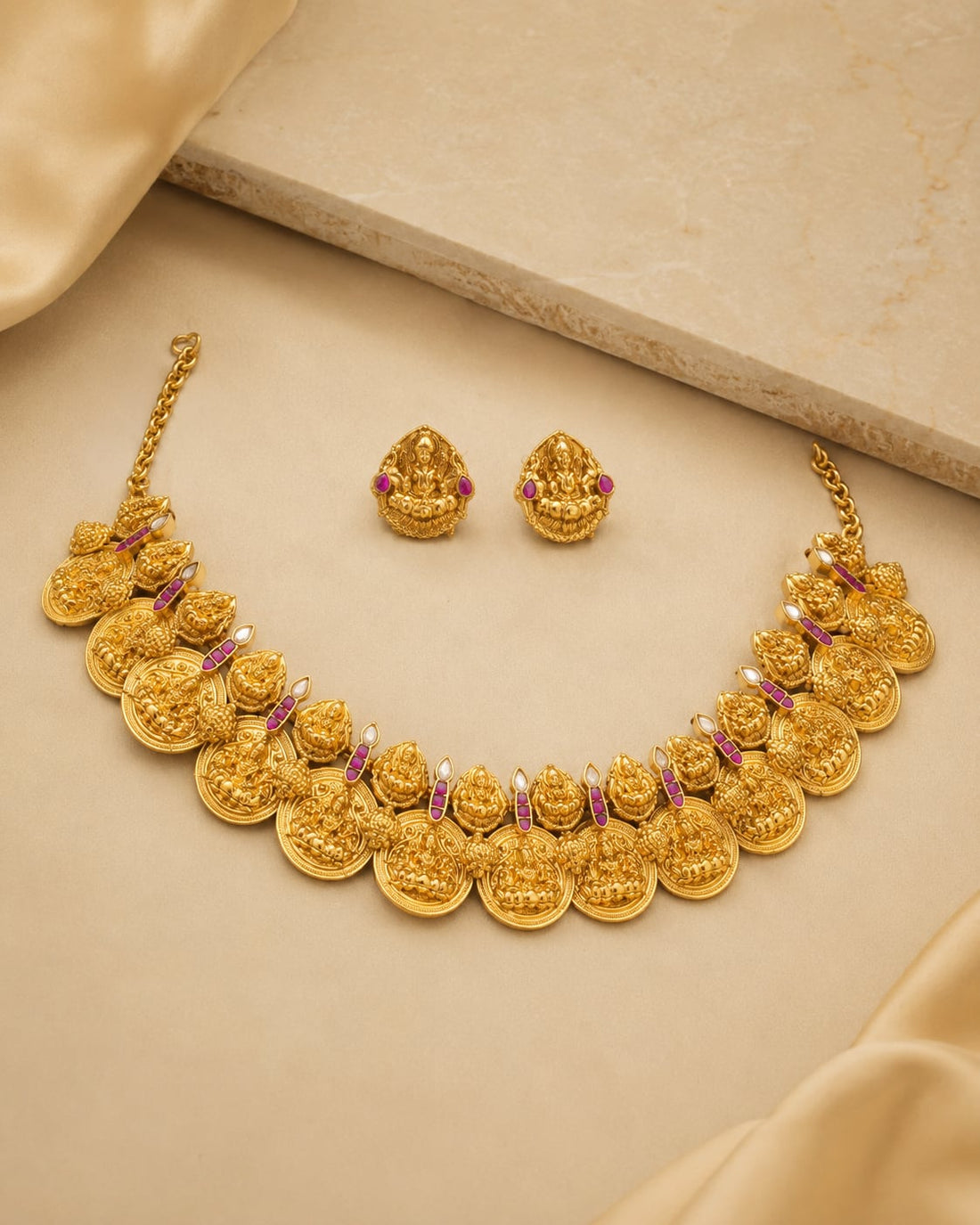 FeelOri gold coin motif jadau kundan necklace set with matching earrings for Indian festive necklace styling