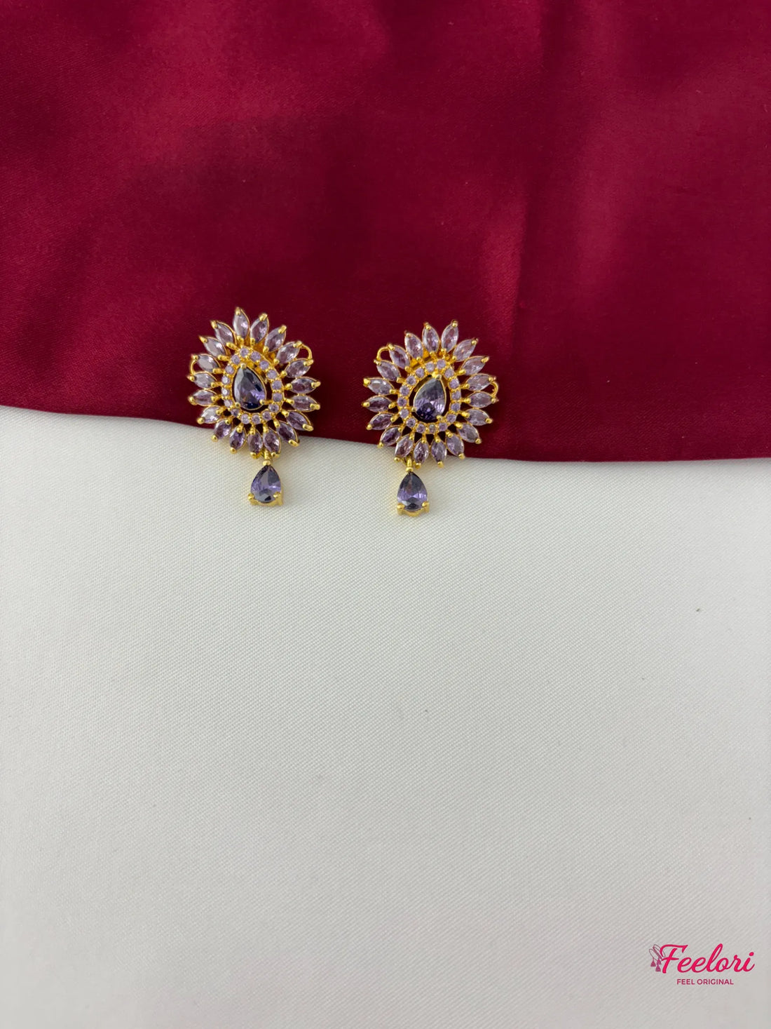 FeelOri Gold Plated Lavender Floral Earrings - Close-up view of the matching earrings, highlighting the detailed lavender stone placement and teardrop accent.