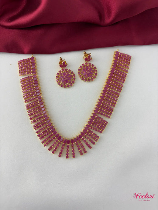 FeelOri Gold Plated Ruby-Tone Bar Cascade Necklace Set - Festive Radiance - FeelOri Indian fashion jewellery view 1