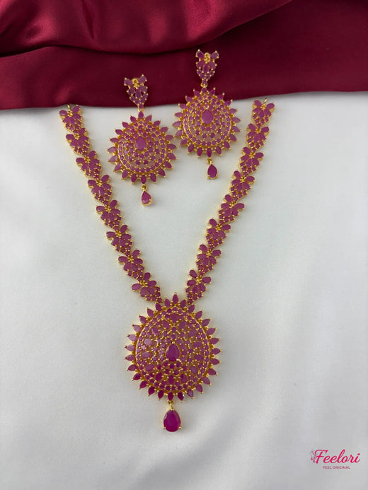 FeelOri Gold Plated Ruby-Tone Chakra Necklace Set - Floral Radiance - FeelOri Indian fashion jewellery view 1