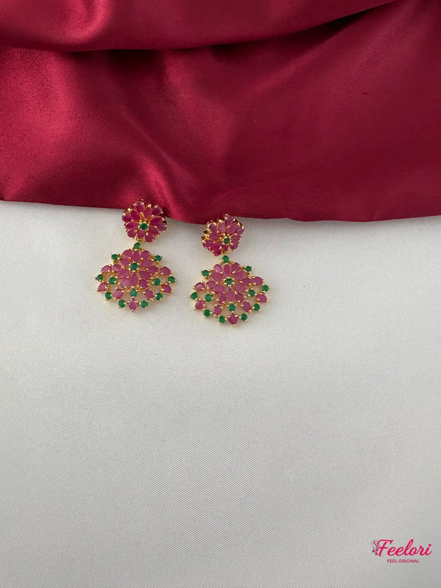 FeelOri Gold Plated Ruby Emerald Petal Earrings - Close-up view highlighting the intricate floral pattern and rich gemstone colors.