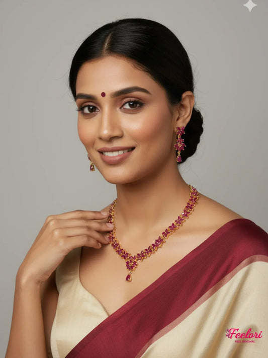 FeelOri Gold Plated Ruby Necklace Set - Model wearing elegant set with traditional saree, smiling.