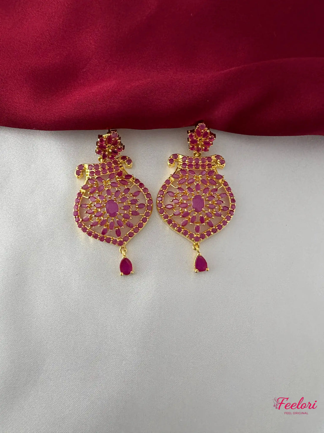 FeelOri Gold Plated Ruby-Tone Floral Elegance Jewelry Set - Intricate Design - FeelOri Indian fashion jewellery view 3