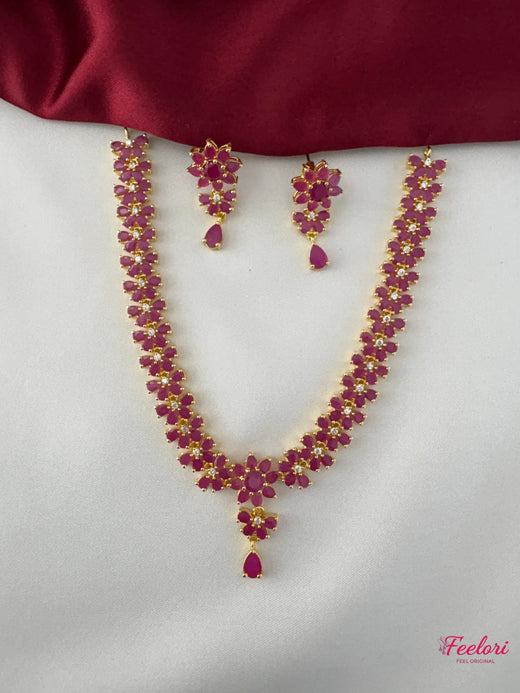 FeelOri Gold Plated Ruby-Tone Flower Strand Necklace Earring Set - Delicate Bloom - FeelOri Indian fashion jewellery view 1