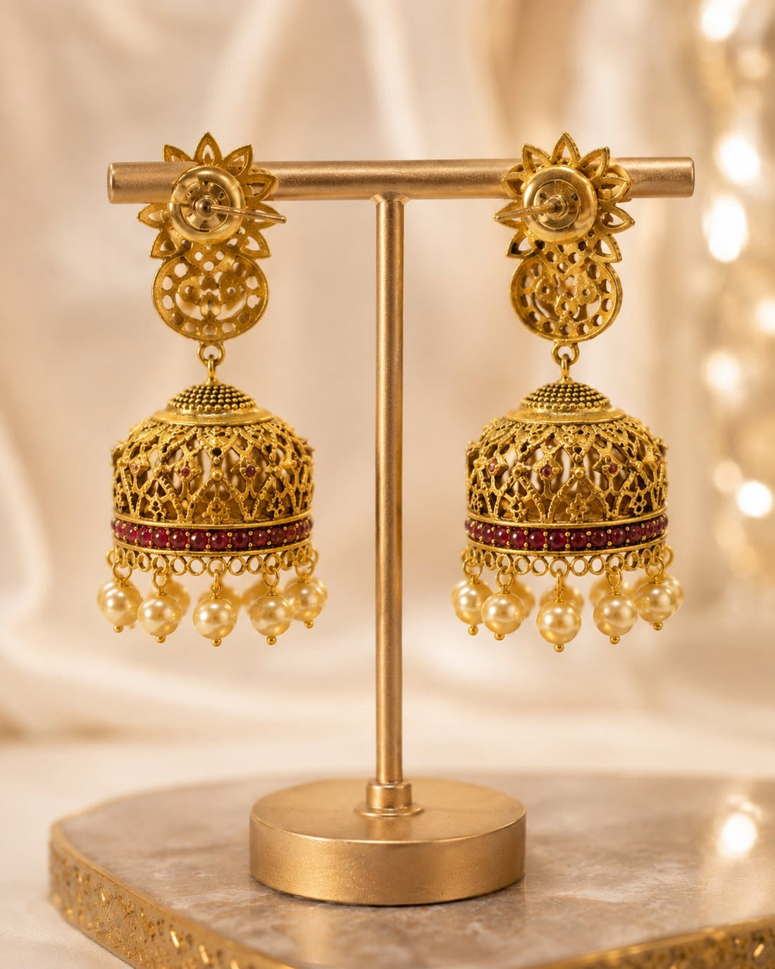 FeelOri gold-plated ruby jhumka earrings for sarees, kurtas, and festive styling