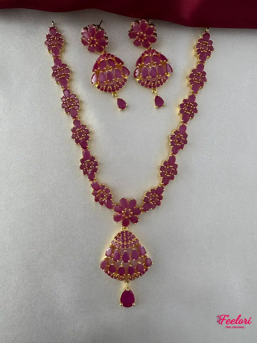 FeelOri Gold Plated Ruby Marquis Petal Cluster Necklace Set - Front view showcasing intricate tiered pendant and matching earrings.