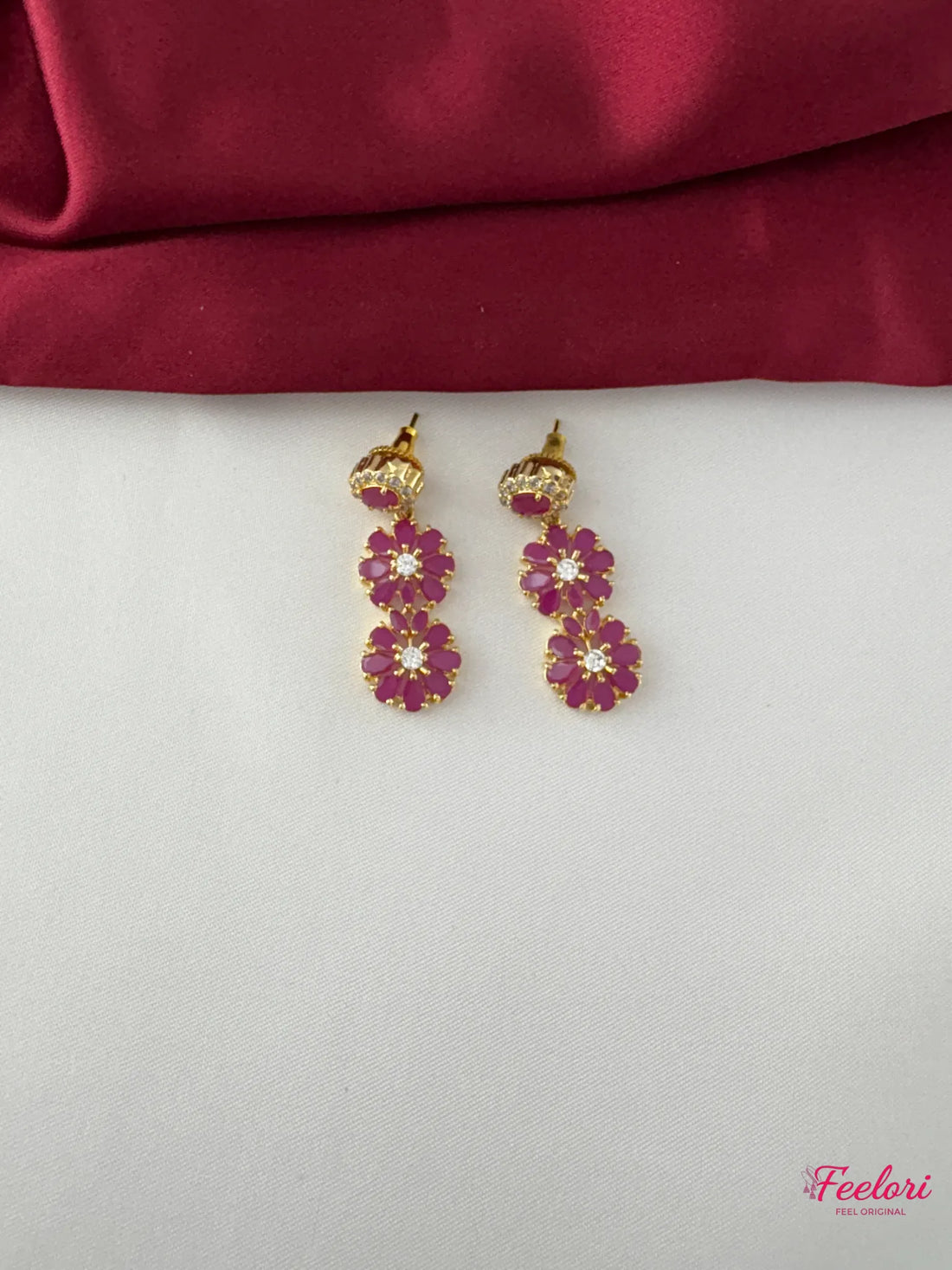 FeelOri Gold Plated Ruby-Tone Marquise Flower Drop Necklace Set - Radiant Petals - FeelOri Indian fashion jewellery view 3