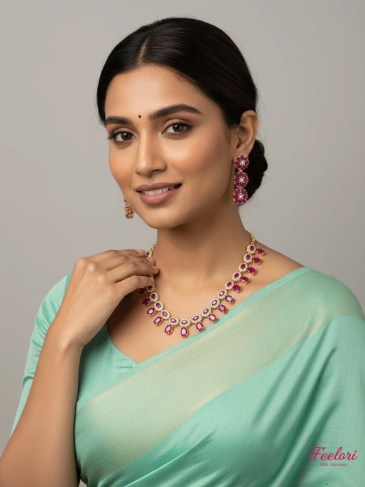 FeelOri Gold Plated Ruby Marquise Flower Drop Necklace Set - Radiant Petals - Gold with Ruby - Lifestyle