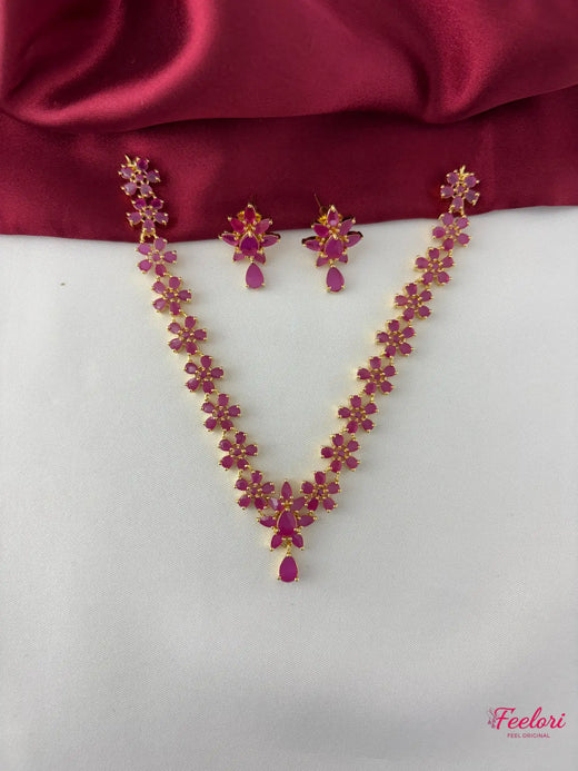 FeelOri Gold Plated Ruby-Tone Petal Cluster Necklace Set - Tear Drop Pendant - FeelOri Indian fashion jewellery view 1