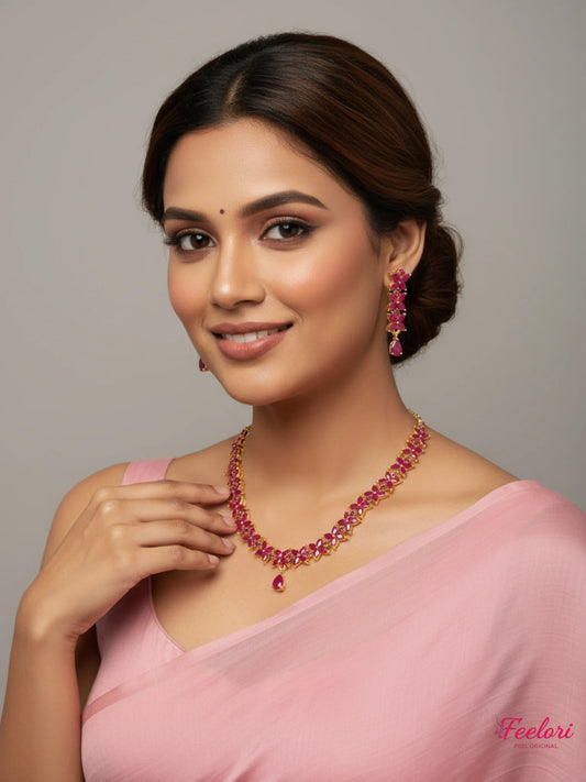 FeelOri Gold Plated Ruby Petal Necklace Set - Delicate Design - Gold and Ruby - Lifestyle