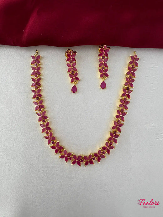 FeelOri Gold Plated Ruby-Tone Petal Necklace Set - Delicate Design - FeelOri Indian fashion jewellery view 1