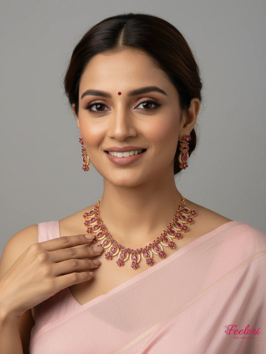 FeelOri Gold Plated Ruby Scalloped Petal Necklace Set - Regal Bloom - Ruby Red, Gold - Lifestyle