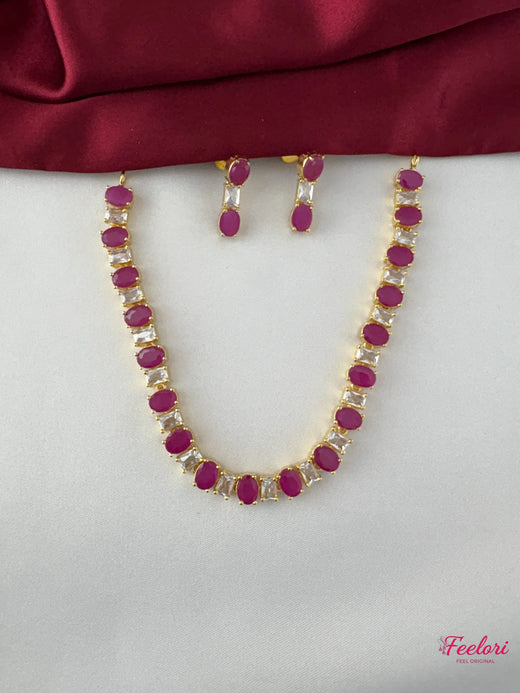 FeelOri Gold Plated Ruby-Tone White Gem Oval Necklace Set - Regal Allure - FeelOri Indian fashion jewellery view 1