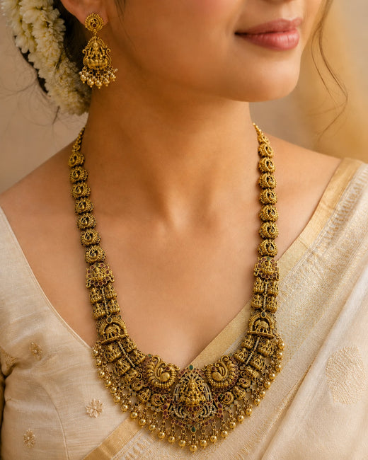FeelOri kasu chain gold-polished necklace set for pattu sarees matching earrings view