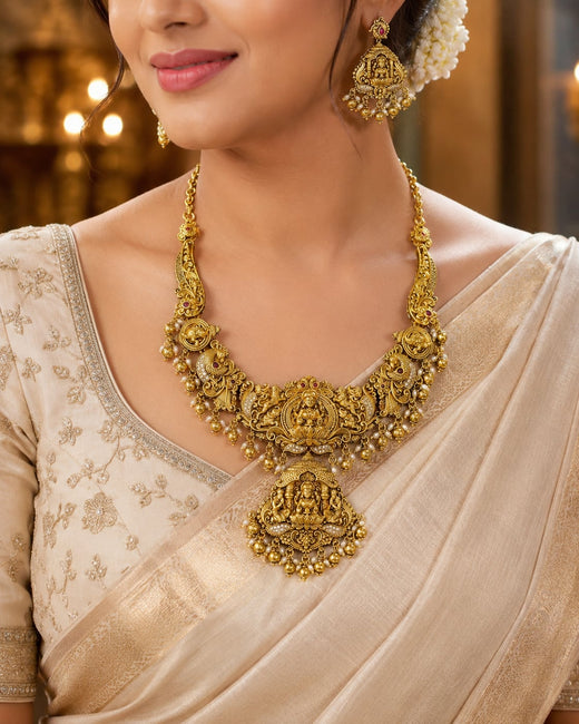 FeelOri lakshmi drop gold-polished necklace set for pattu sarees matching earrings view