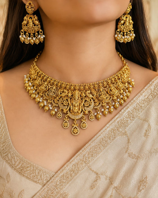 FeelOri heavy lakshmi gold-polished necklace set for pattu sarees matching earrings view