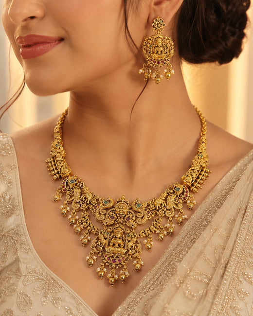 FeelOri lakshmi pendant gold-polished necklace set for pattu sarees matching earrings view