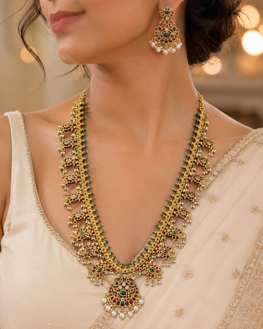 FeelOri green bead long gold-polished necklace set for pattu sarees matching earrings view