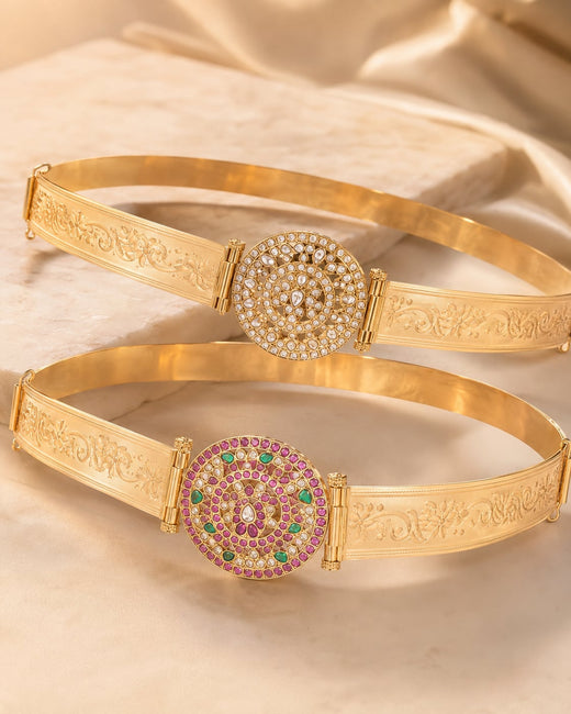 FeelOri gold-polished vaddanam waist belt on jewellery display