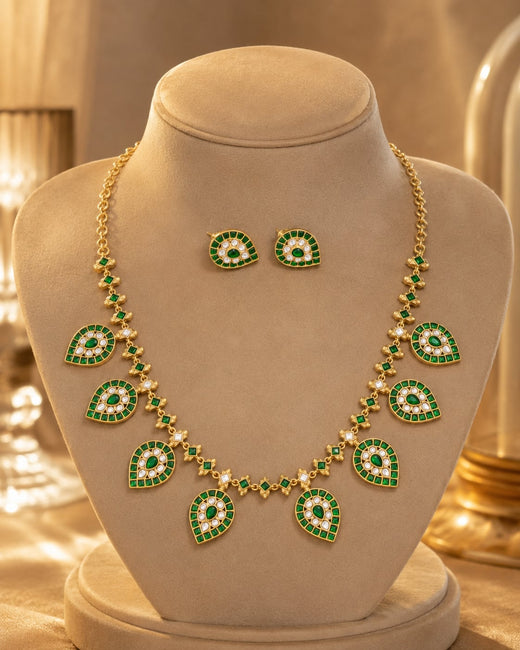 FeelOri green leaf motif jadau kundan necklace set with matching earrings for pattu saree styling