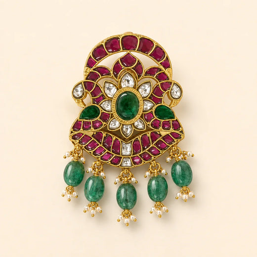 Front view of FeelOri Iruttai Mayil Padmam Jadau Kundan pendant with twin peacocks, central lotus and green bead drops